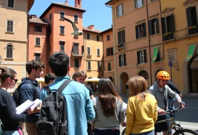 Sprachschüler in Florenz: Unterricht auf einer sonnigen Piazza mit Renaissance-Architektur
