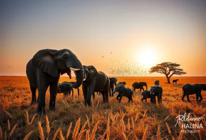 Elefantenherde in der Serengeti: Natürliche Harmonie im Abendlicht