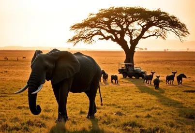 Elefantenbulle in der Masai Mara: Morgenstimmung mit Giraffen und Safari-Fahrzeug in Kenia
