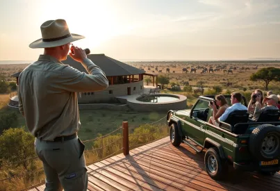 Luxuriöse Safari-Lodge in Botswanas Savanne: Gäste beobachten Elefantenherde am Wasserloch