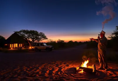 Safari-Lodge in Botswanas Savanne bei Abenddämmerung: Elefantenkalb, Guide und Lagerfeuer-Szene
