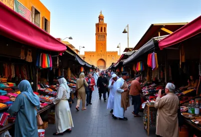 Marktplatz in Marrakesch: Vielfalt von Ständen und Architektur im Abendlicht
