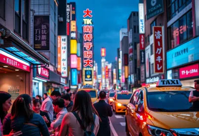 Abendliche Szenerie in Tokios belebter Innenstadt mit Neonlichtern und Shibuya-Kreuzung