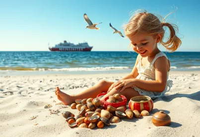Mädchen sammelt Muscheln am Strand von Sylt