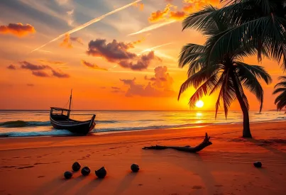 Abenddämmerung am Indischen Ozean: Sonnenuntergang, Palmen und ruhiges Meer