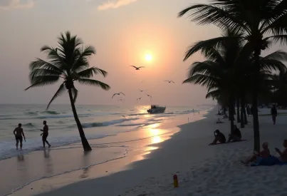 Strandpanorama bei Sonnenuntergang in Tulum, Mexiko