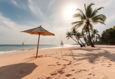 Strandansicht auf Phuket: Leere Liegen, sanftes Meer und vorbeiziehende Segelboote