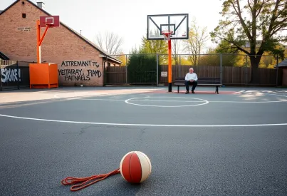 Basketballplatz mit nostalgischer Atmosphäre und Beobachter auf Holzbank