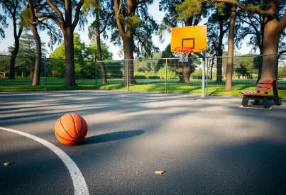 Freiluft-Basketballplatz in ruhiger Waldkulisse mit Nutzungsspuren und Spielvorfreude