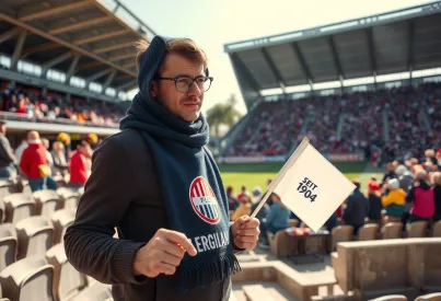 Fußballfan im süddeutschen Stadion mit Vereinsfahne und -schal während der Halbzeitpause