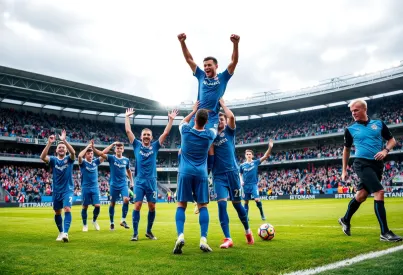 Fußballmannschaft feiert Sieg im Stadion unter Flutlichtbedingungen