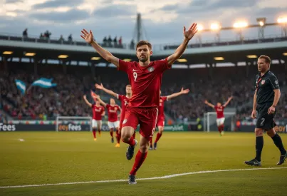 Fußballspiel in der Abenddämmerung: Spieler jubeln auf dem Rasen, Fans und Schiedsrichter im Hintergrund