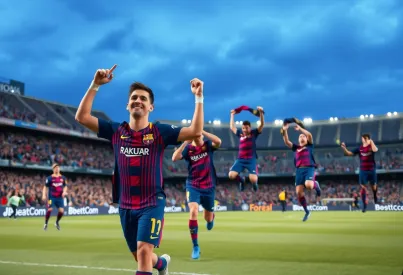 Jubelnder FC Barcelona Spieler nach Torerfolg im Camp Nou bei Abendspiel