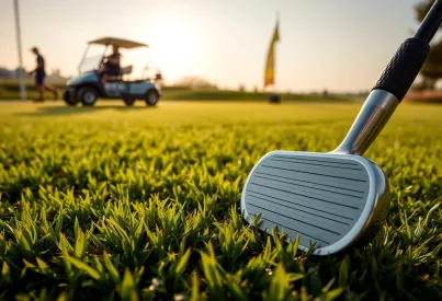 Golfschläger auf morgendlichem Grün mit Golfcart und Fahnenmast im Hintergrund