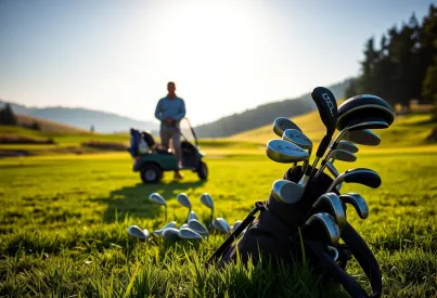 Golfschläger-Set und Golfausrüstung auf schottischem Golfplatz bei ruhiger, sonniger Nachmittagsstimmung