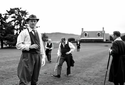 Historisches Foto eines schottischen Golfplatzes von 1895 mit Golfer in traditioneller Kleidung und Caddies im Hintergrund