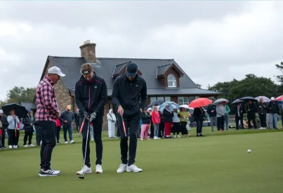 Golfturnier 2023 in Fife: Golfer auf dem 18. Grün vor historischem Clubhaus bei bedecktem Himmel
