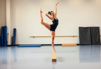 Akrobatische Balance auf dem Holzbalken im Gymnastikstudio