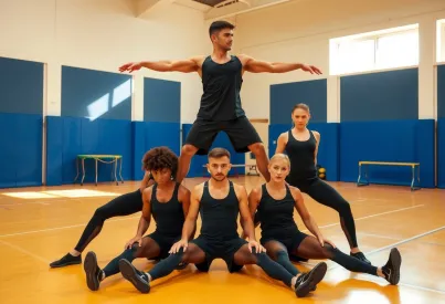 Akrobatische Pyramidenformation in Turnhalle mit fünf Akrobaten in schwarzen Trainingsanzügen