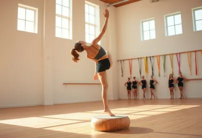 Turnerin balanciert im Handstand auf dem Schwebebalken in einer Turnhalle