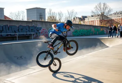 BMX-Fahrer führt Tailwhip-Trick im urbanen Skatepark aus