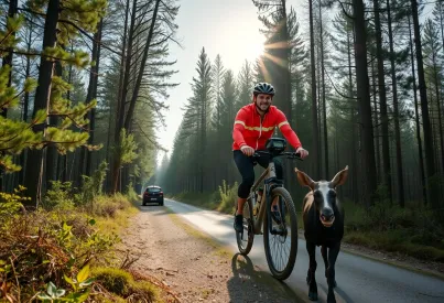 Radfahrer auf unbefestigtem Waldpfad unter Kiefern im Sonnenlicht