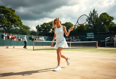 Spielerin auf Tennisplatz bei bewölktem Himmel in Aktion