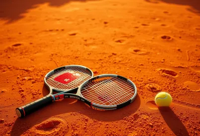 Tennisausrüstung auf Sandplatz bei sonnigem Wetter: Schläger und Ball in ruhiger Szenerie