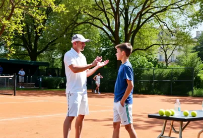 Tennisunterricht auf Sandplatz in Paris: Lehrer vermittelt Vorhandtechnik an Jugendlichen