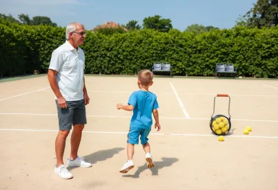 Tennisunterricht auf einem Sandplatz: Szene mit Lehrer und Schüler im Training