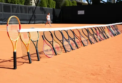 Sammlung historischer und moderner Tennisschläger auf einem Platz am Stadtrand von Melbourne