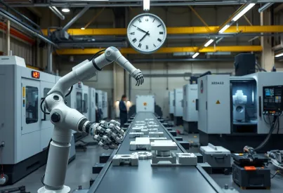 Vollautomatisierter Roboterarm und CNC-Fräsmaschinen in synchronisiertem Betrieb in Yokohama Produktionswerk