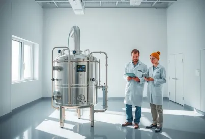 Biotechnologische Forschung im modernen Labor: Wissenschaftler analysieren Fermenter-Daten für biopharmazeutische Lösungen