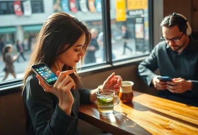 Frau im Café in Tokio nutzt Instant Messaging-Apps auf ihrem Smartphone