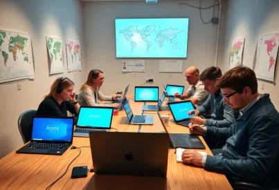 Besprechung in einem mit Technologie ausgestatteten Raum mit Fokus auf internationale Themen