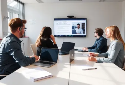 Teilnahme an einem Webinar in einem modernen Berliner Büro: Eine konzentrierte und professionelle Atmosphäre