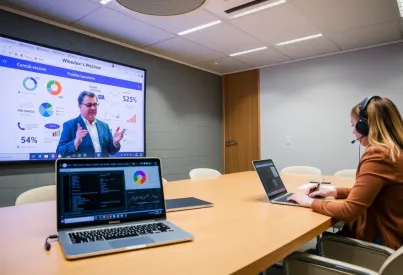 Webinar-Übertragung aus einem modernen Konferenzraum mit Präsentation und Echtzeit-Notizen