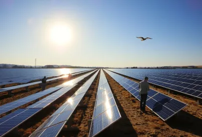 Techniker arbeiten an einem Solarfeld mit Photovoltaik-Modulen bei klarem Himmel