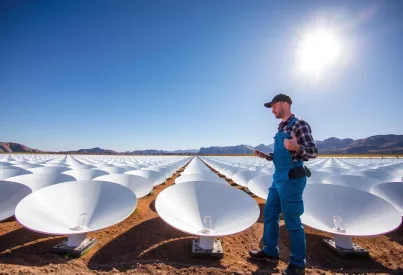 Solarkraftwerk in Andalusien: Techniker überprüft Spiegelanordnung zur optimalen Lichtbündelung
