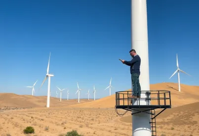 Windkraft in La Mancha: Techniker inspiziert Turbine im einsamen Windpark
