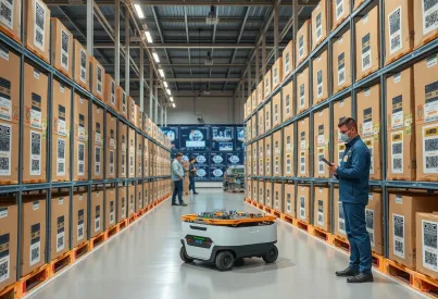Autonome Gabelstapler und Kontrollzentrum in einem Lagerhaus in Yokohama, Japan