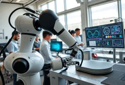 Autonomer Roboterarm montiert präzise Leiterplatten in modernem Labor in Tokio