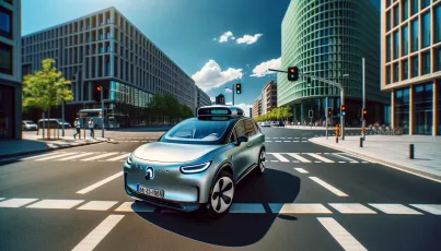 Autonomes Elektroauto an urbaner Kreuzung mit Sensoren und moderner Umgebung