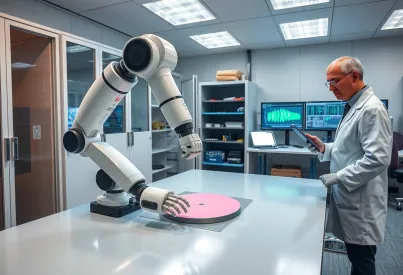 Präzisionsarbeit im Forschungslabor: Einsatz eines autonomen Roboterarms beim Löten von Leiterplatten in Tokio