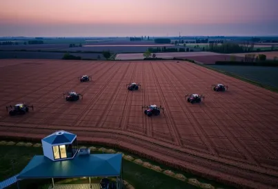 Autonome Landwirtschaft in Brandenburg: Drohnenbild zeigt Traktoren und Technologielabor in Aktion