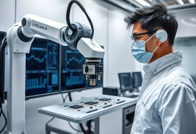 Präzisionsmontage von Mikroprozessoren durch Roboterarm in einem Tokioer Labor
