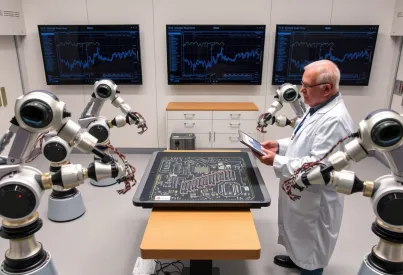 Automatisierte Präzisionsarbeit: Roboterarme bei der Schaltkreisfertigung im modernen Laborumfeld