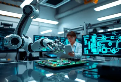 Präzisionsmontage von Platinen durch Roboterarm in einem KI-Labor in Tokio
