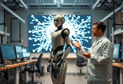 Dialog zwischen Wissenschaftler und humanoidem Roboter in einem modernen Forschungslabor in Tokio