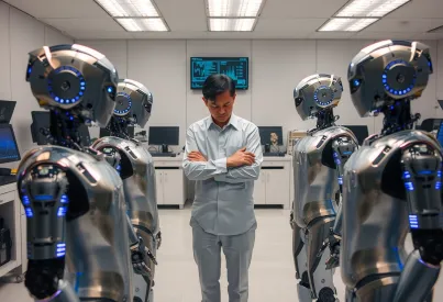 Humanoide Roboter im futuristischen Labor in Tokio: Techniker bei der Kalibrierung und Überwachung von Datenströmen